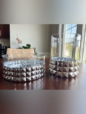 2 Silver Studded Glass Hurricane Candle Holders - Home Accents